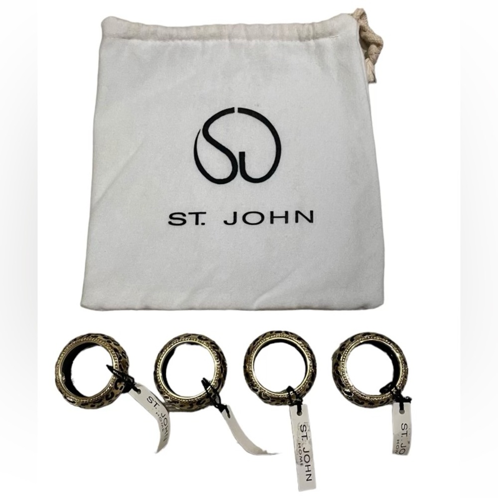 St. John Home Gold Tone Black Enamel Cheetah Print Napkin Ring Holder Set Of 4